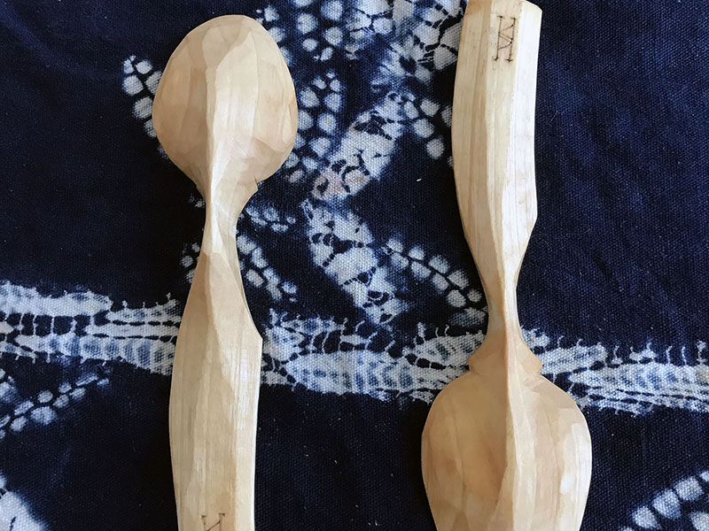 Hand-carved birch wood pair of teaspoons